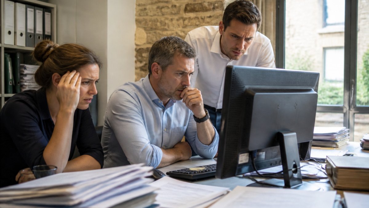 A small office team in a Yorkshire professional services firm looking frustrated at a desktop screen showing an error message, papers and files on the desk, natural window light