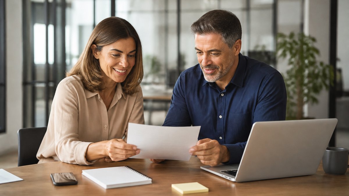 Business owner and IT professional reviewing documents to avoid IT support jargon in a bright office.