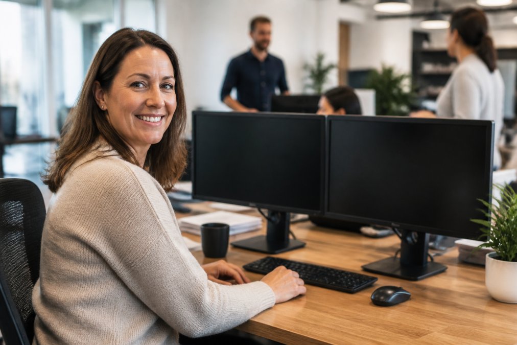 Office manager at desk reviewing IT metrics on multiple monitors with a confident expression, bright office environment with team visible in background