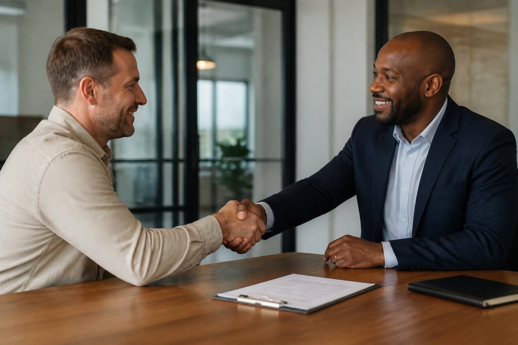 Business owner shaking hands with IT service provider representative during a meeting, professional office setting with contract or agreement visible on table