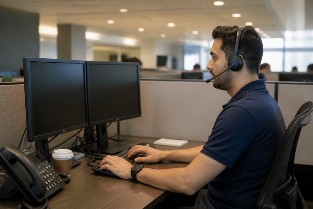 IT support technician at a service desk reviewing tickets on dual monitors in a professional office environment, headset on, focused expression under warm overhead lighting