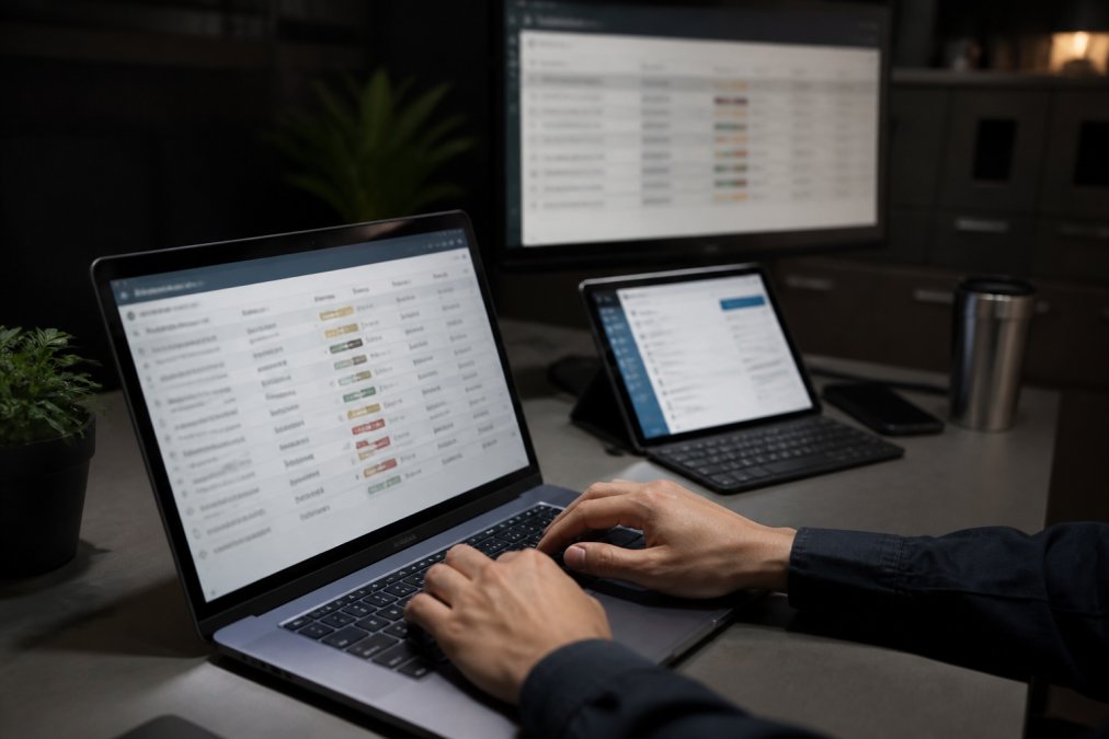 Close-up of a laptop screen displaying a ticketing system dashboard with colored priority indicators and countdown timers, hands resting on keyboard in a dimly lit office environment