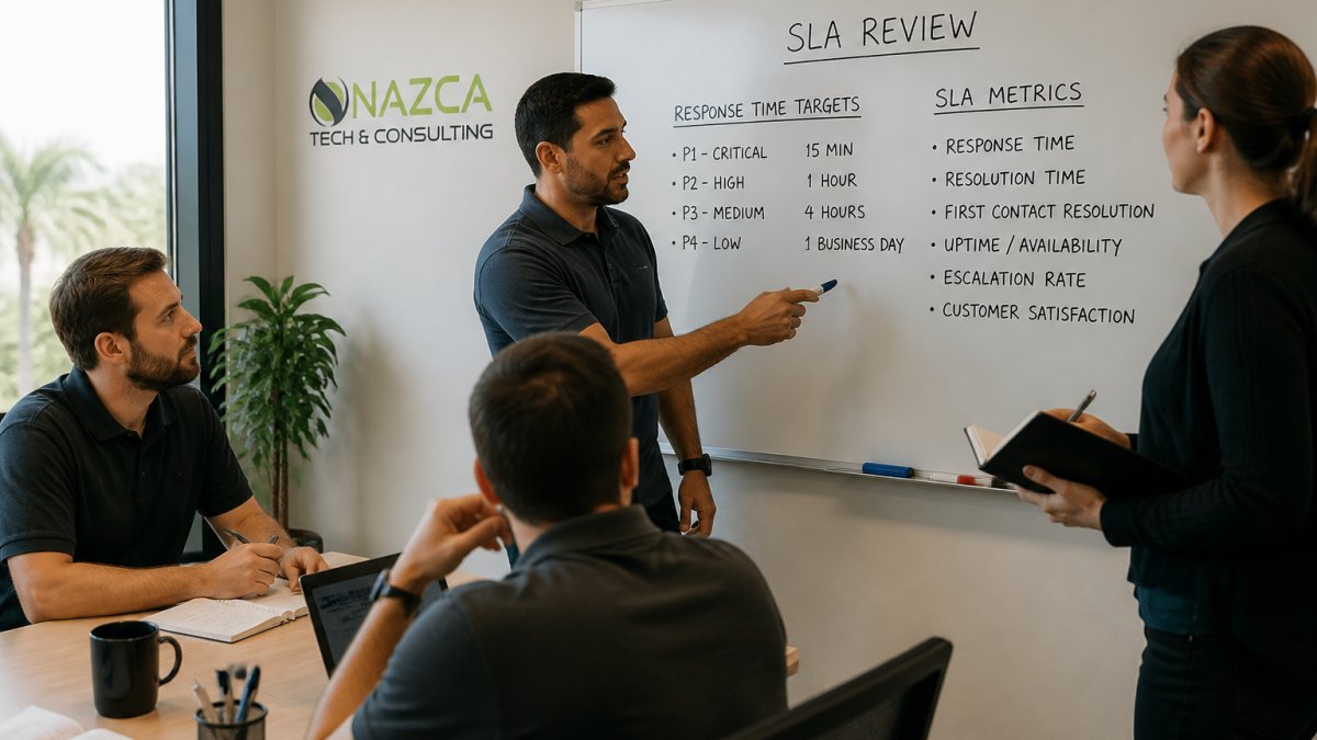 Professional IT support team reviewing SLA metrics and response time targets on whiteboard in modern office setting with natural lighting