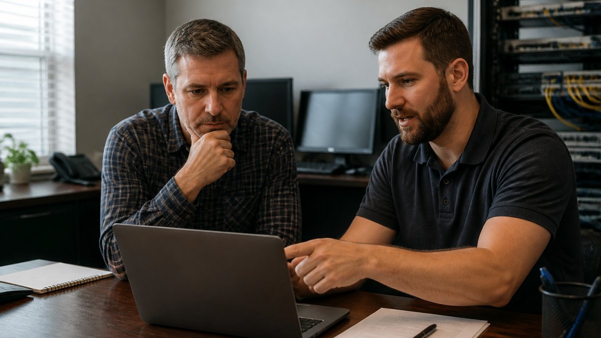 Small business owner and consultant reviewing an IT support service agreement on a laptop in an office.
