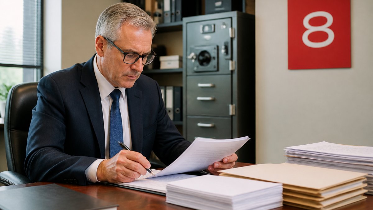 A senior compliance officer in formal business attire reviewing export license documents at a large desk, with a secure filing cabinet and a computer screen showing a document management system in the background, natural office lighting