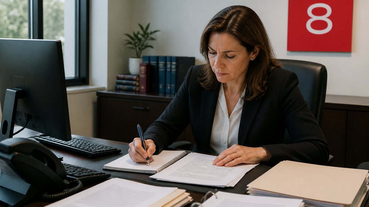Compliance officer reviewing documentation to report suspected ITAR violations at a desk