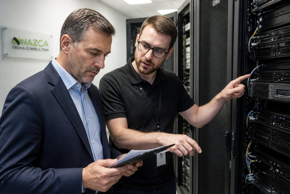 A concerned business owner reviewing a service agreement on a tablet while a technician points at a server rack in a modern office environment