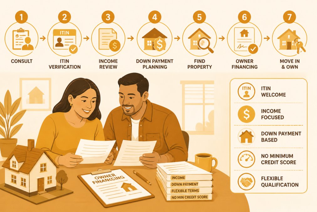 Infographic process for ITIN mortgage loans showing a couple reviewing house documents and a model home