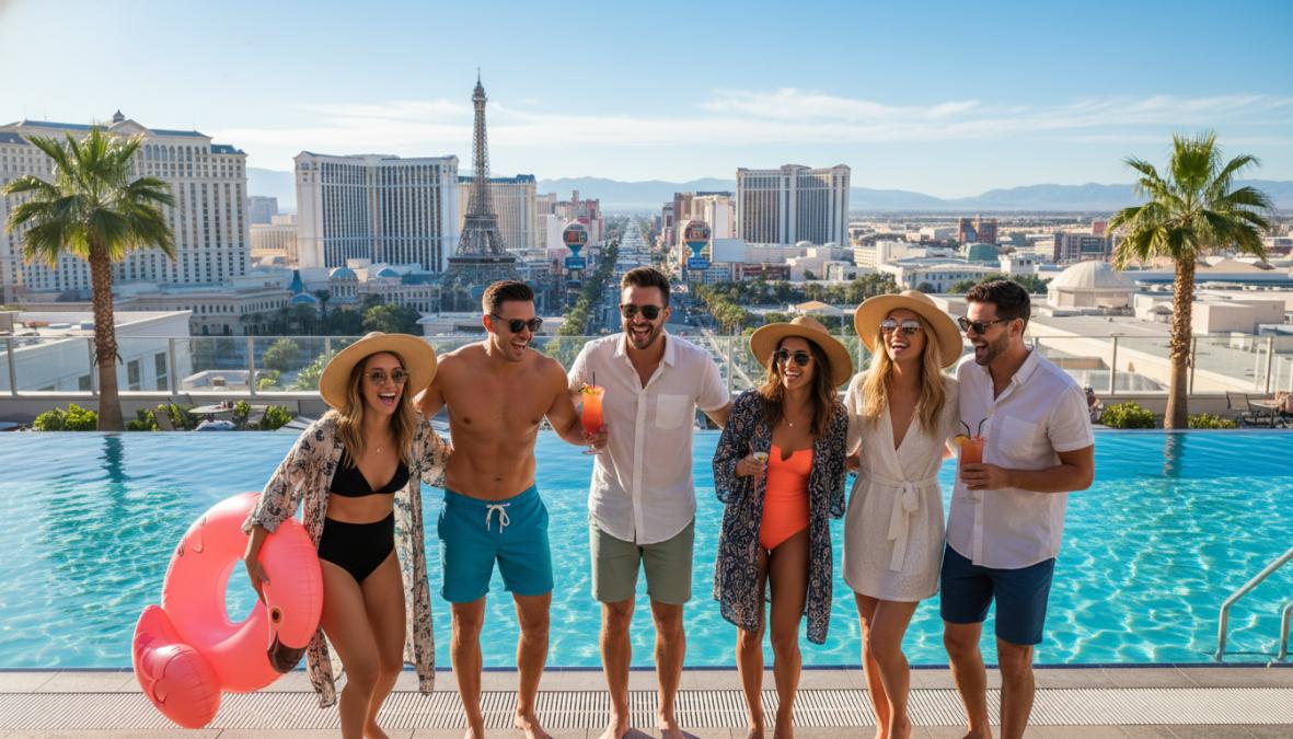 Grupo de amigos en una pool party de Las Vegas, con tumbonas coloridas alrededor de una piscina exterior, bebidas tropicales en mano, bajo un sol brillante con vistas al Strip al fondo