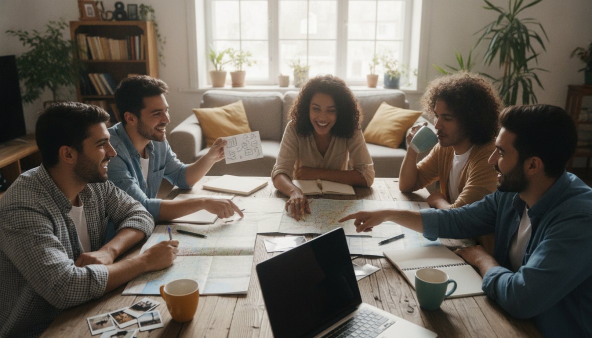 Grupo de amigos jóvenes y diversos reunidos alrededor de una mesa de madera con mapas desplegados, laptops abiertos y vasos de bebidas coloridas, señalando destinos con expresiones entusiastas bajo luz cálida de tarde