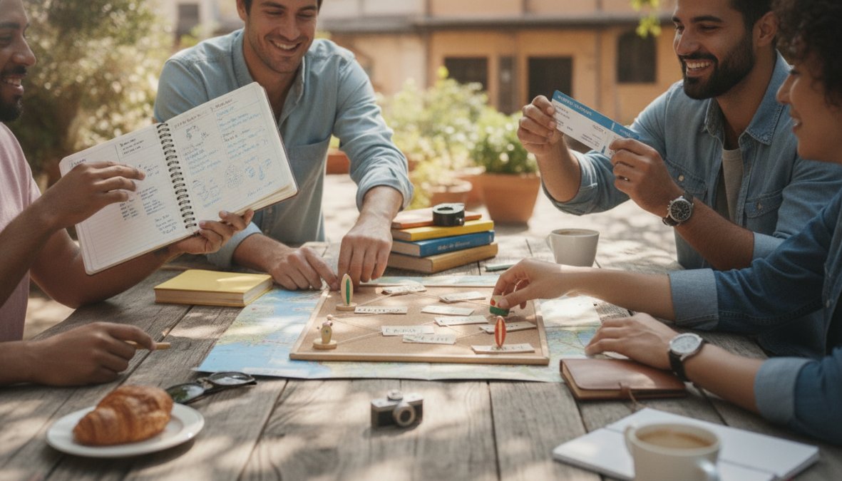 Manos de cuatro personas apuntando sobre una hoja de papel grande con un itinerario de viaje manuscrito lleno de anotaciones coloridas, junto a un smartphone con mapas y una taza de café humeante sobre una mesa de madera rústica iluminada por luz natural