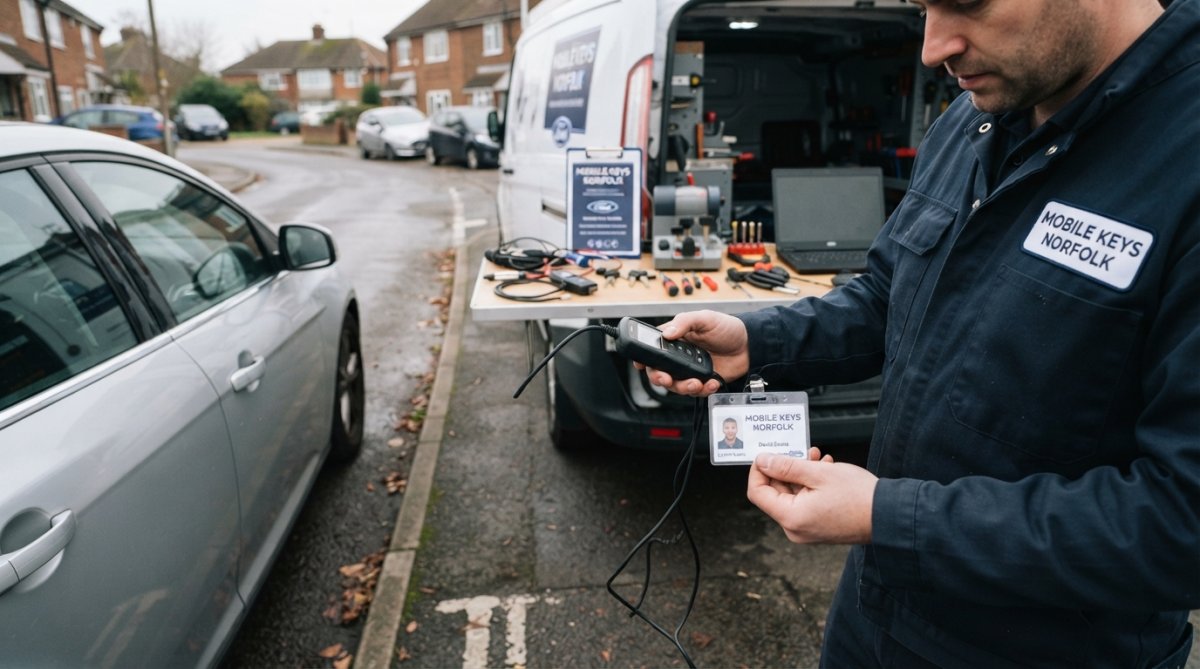 Professional locksmith's hands holding diagnostic equipment and credentials near a vehicle door, with ID badge and tools visible on workbench