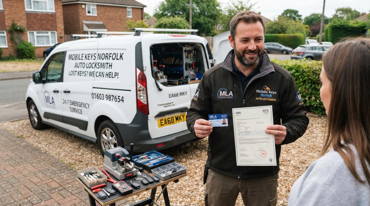 Professional mobile locksmith displaying DBS certificate and MLA membership card next to vehicle service van, natural daylight
