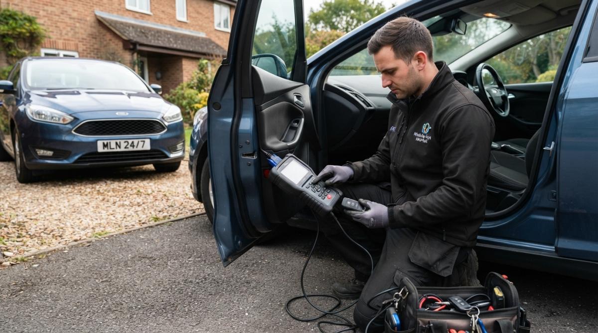 Mobile locksmith technician using diagnostic key programming device on-site next to vehicle, hands operating modern equipment in daylight