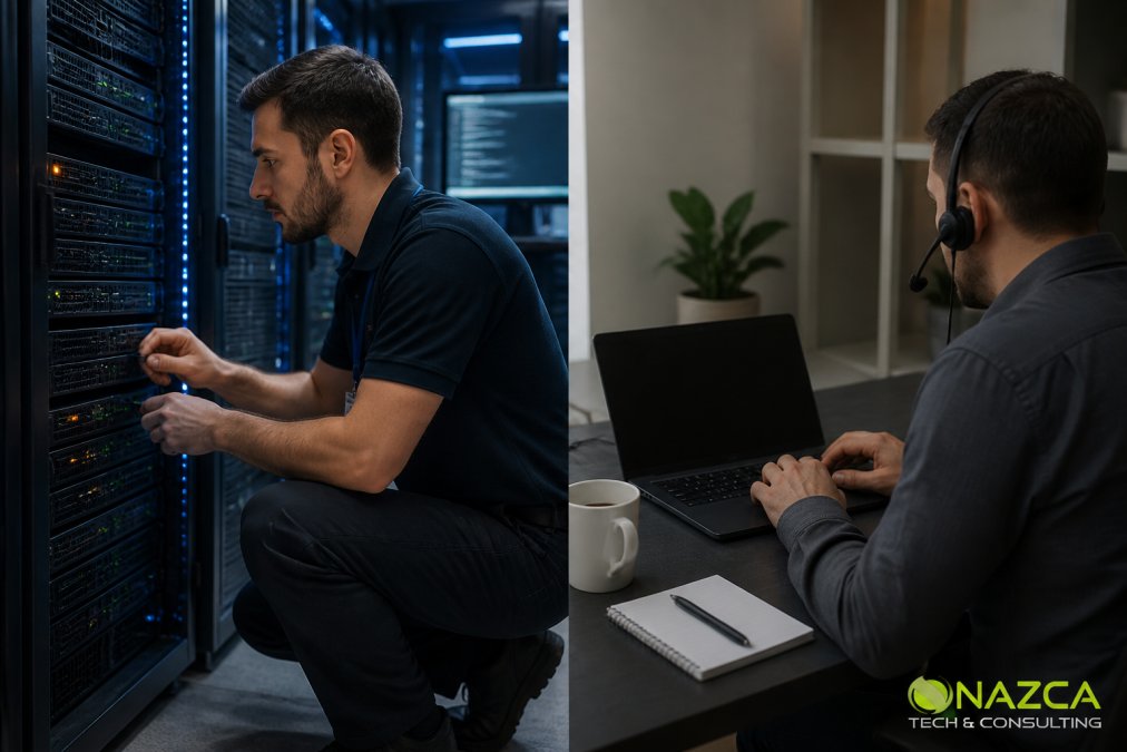 IT technician in professional attire examining server hardware in a data center server room, with multiple monitoring screens displaying system metrics and alerts in the background, cool blue lighting from equipment