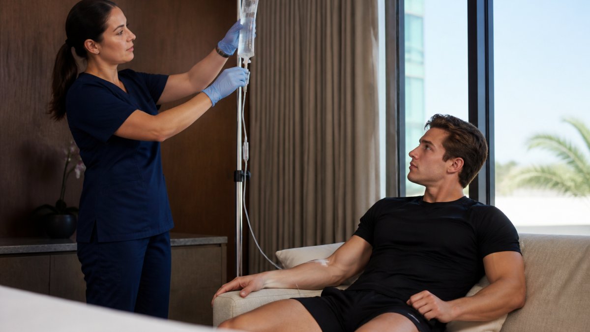 A professional athlete in athletic wear resting on a couch in a private hotel room while a licensed nurse in scrubs hangs an IV bag on a portable stand beside them, soft afternoon light through the window