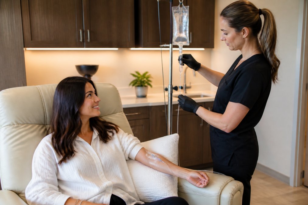 Professional illustration showing patient's and medical and professional concepts for IV infusion therapy