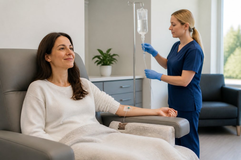 A patient relaxing in a comfortable medical chair with an IV drip in a bright, clean clinic room, with a nurse adjusting the IV line in the background