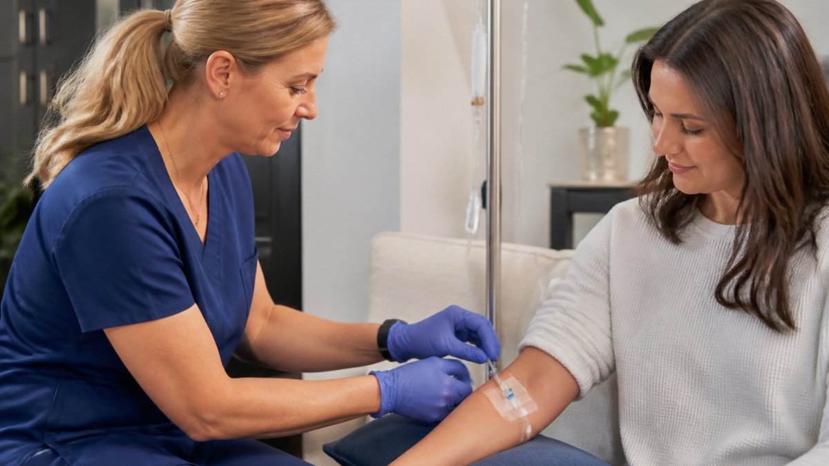 Diagram showing the process of IV therapy vs oral supplements with a nurse administering an IV infusion at home.