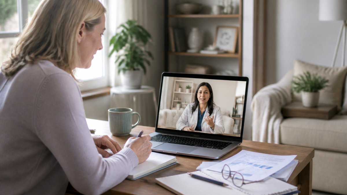 Woman in comfortable home office having a video consultation with a healthcare provider on her laptop, health documents and notes visible on desk beside her, natural window lighting