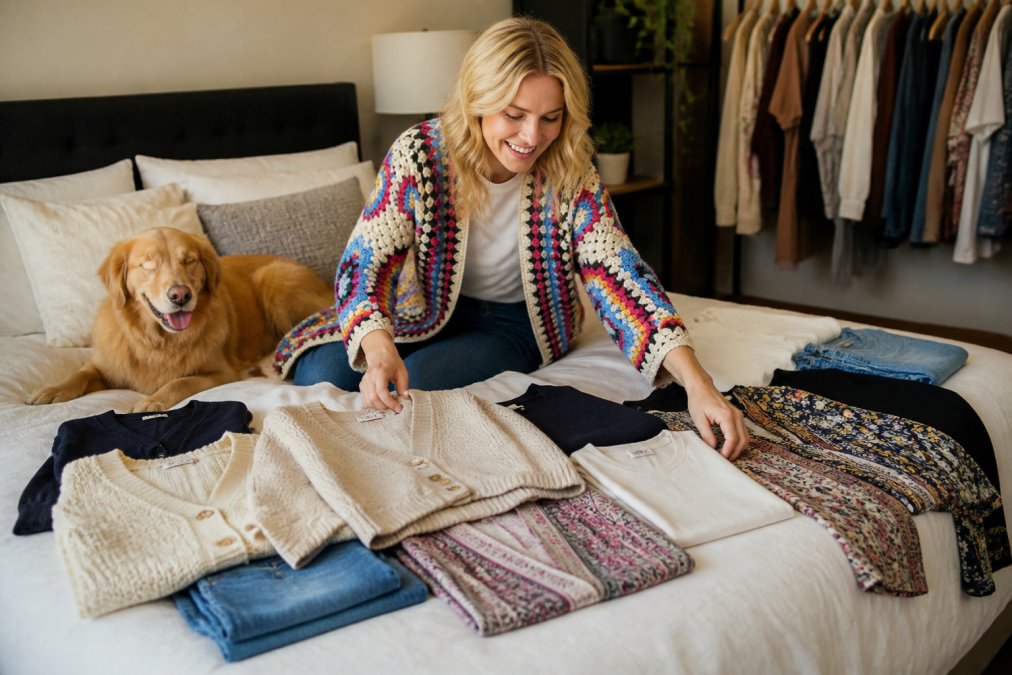 Woman arranging a collection of neutral cardigans, patterned kimonos, and basic tops on a bed, layering pieces to show how different combinations create multiple outfits from a small wardrobe