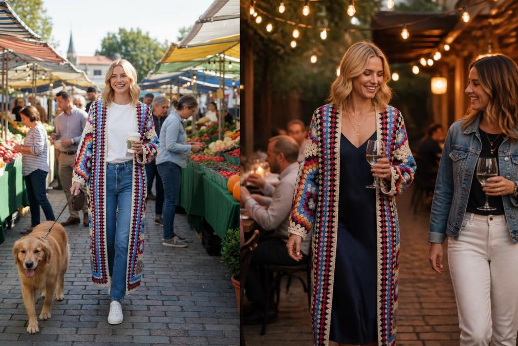 Woman in a casual daytime outfit wearing jeans and a basic tee with a patterned kimono cardigan, then the same woman in an evening look with the kimono styled over a slip dress with minimal jewelry