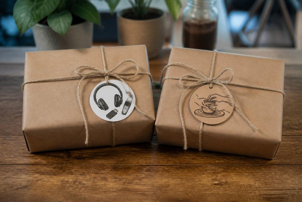 Two neatly wrapped gift boxes on a clean wooden table, one with a modern tech gadget sticker and the other with a handmade artisan tag, soft natural light