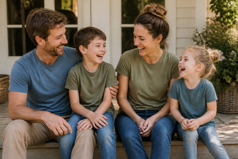 A mother and father sitting on a sunny porch with two kids, all wearing matching soft organic cotton t-shirts in earthy olive and muted blue tones, genuine laughter, warm afternoon light
