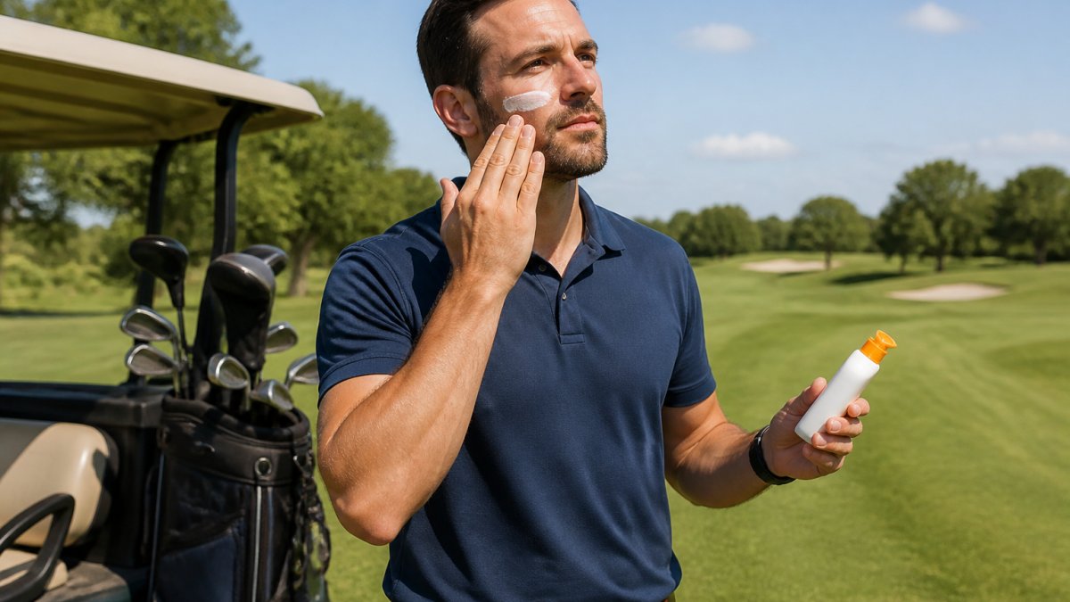 Man in his 30s applying sunscreen on a sunny golf course before his swing