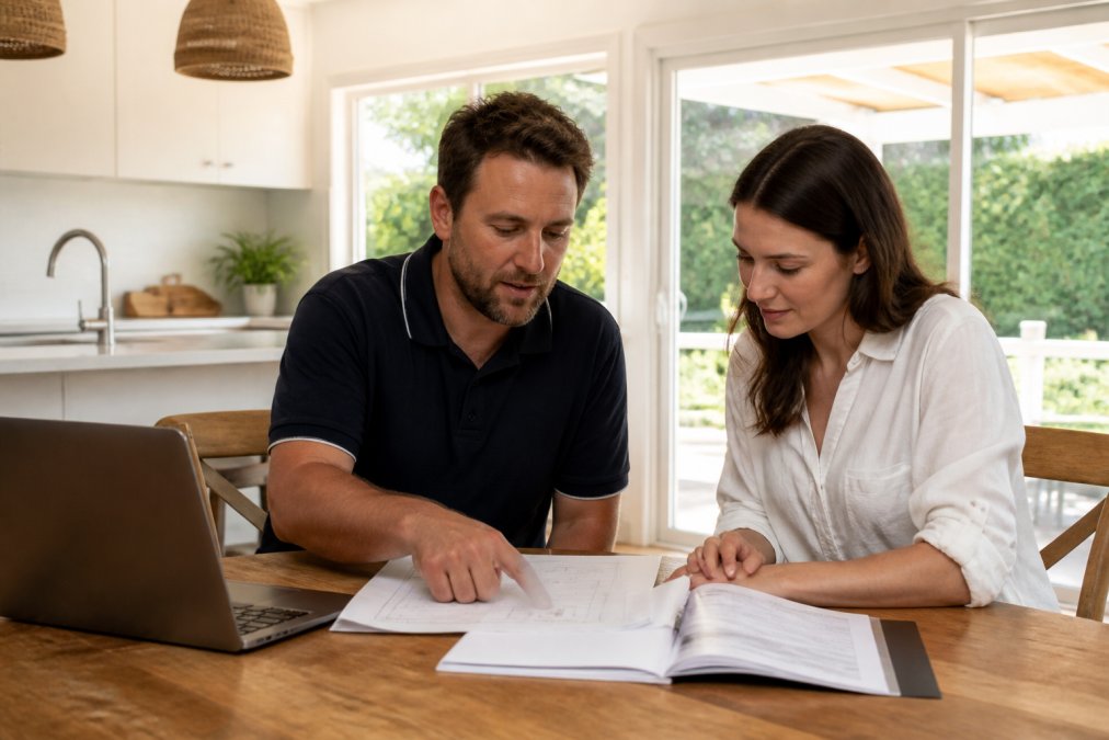 Homeowner and electrician reviewing a detailed electrical quote and installation plan at a kitchen table with clear documentation and laptop visible in natural window light