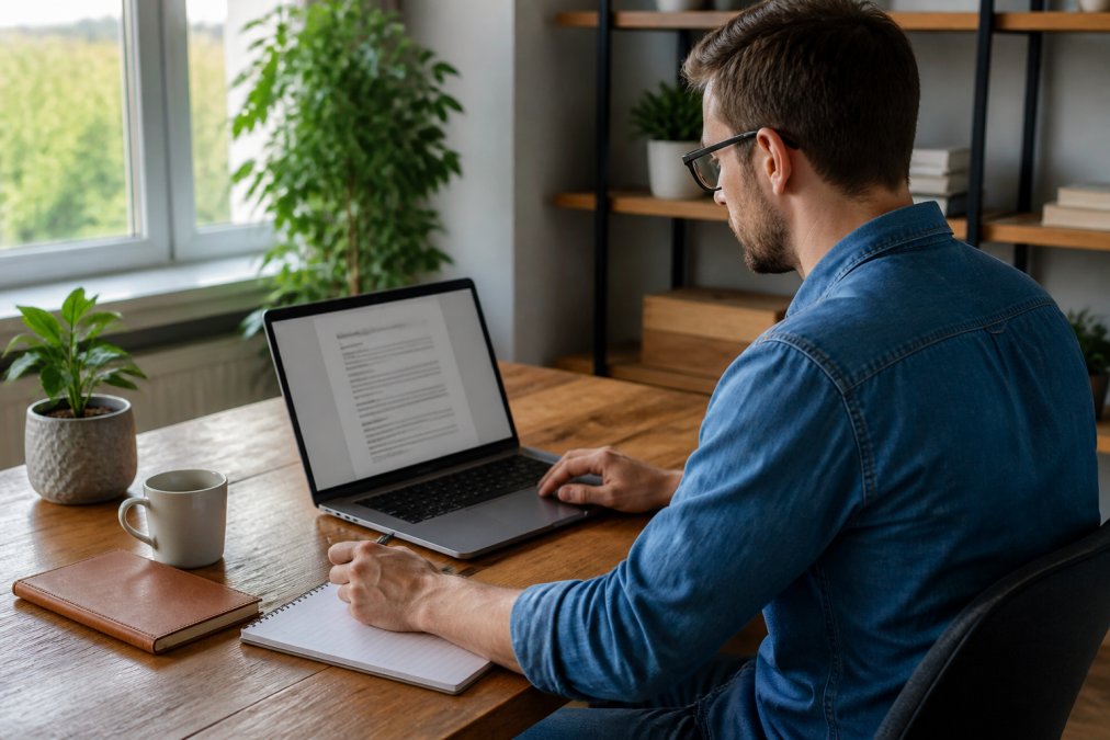A person reviews a resume on a laptop at a tidy home desk, highlighting the versatile skills of a jack of all trades.