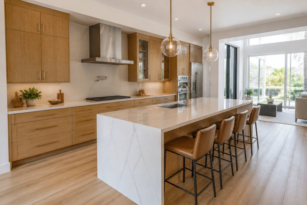 A bright, modern kitchen in a Jacksonville home featuring warm wood cabinetry, a large central island with a waterfall quartz countertop, and statement pendant lighting over the island