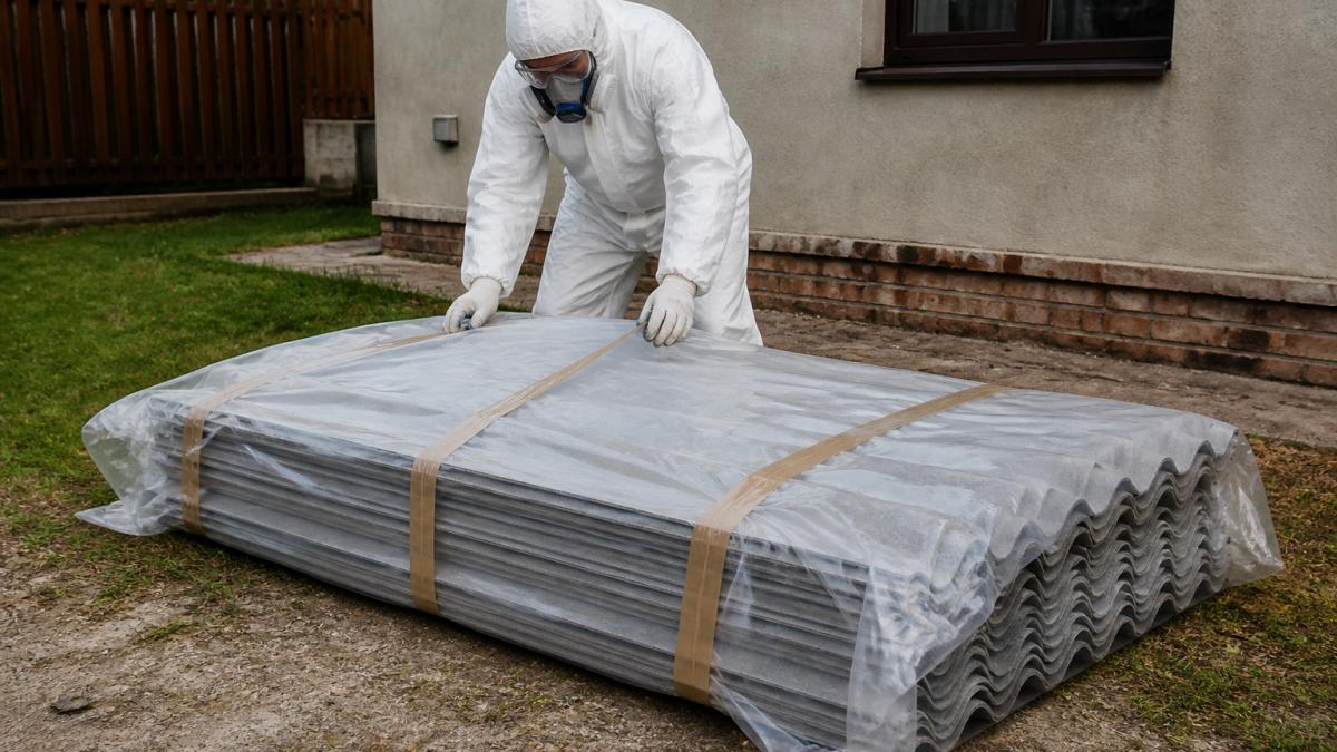 Osoba v bílém ochranném obleku, respirátoru a rukavicích balí eternitové desky do silnostěnné fólie na dvoře rodinného domu, desky pečlivě překryté a zajištěné páskou, přirozené denní světlo