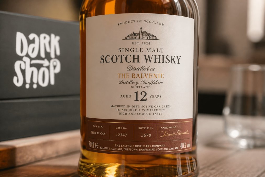 Zbliżenie na etykietę butelki whisky z wyraźnie widocznymi tekstem, logotypami i elementami projektu w naturalnym oświetleniu, pokazującym różne warstwy informacji