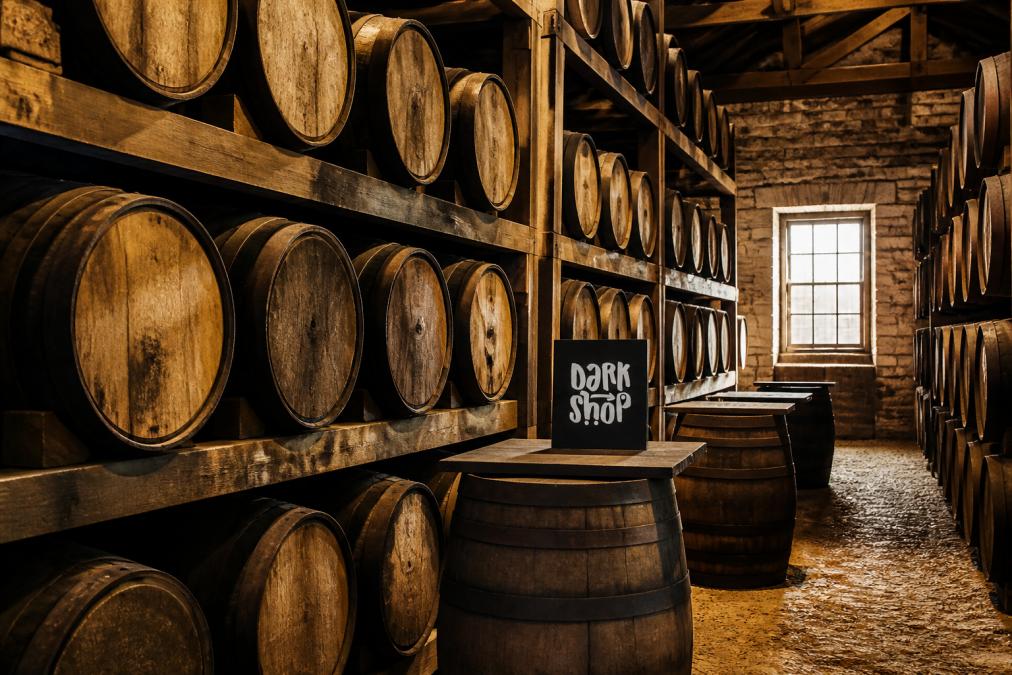 Drewniane beczki whisky ułożone w stosach w magazynie destylarni z otaczającym je oświetleniem, pokazującym proces leżakowania destylatu