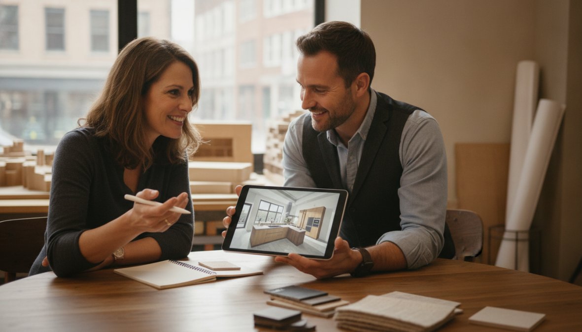 Designér ukazuje zákazníkovi 3D vizualizaci návrhu pro&nbsp;novou zakázkovou výrobu kuchyně na&nbsp;tabletu u&nbsp;stolu.