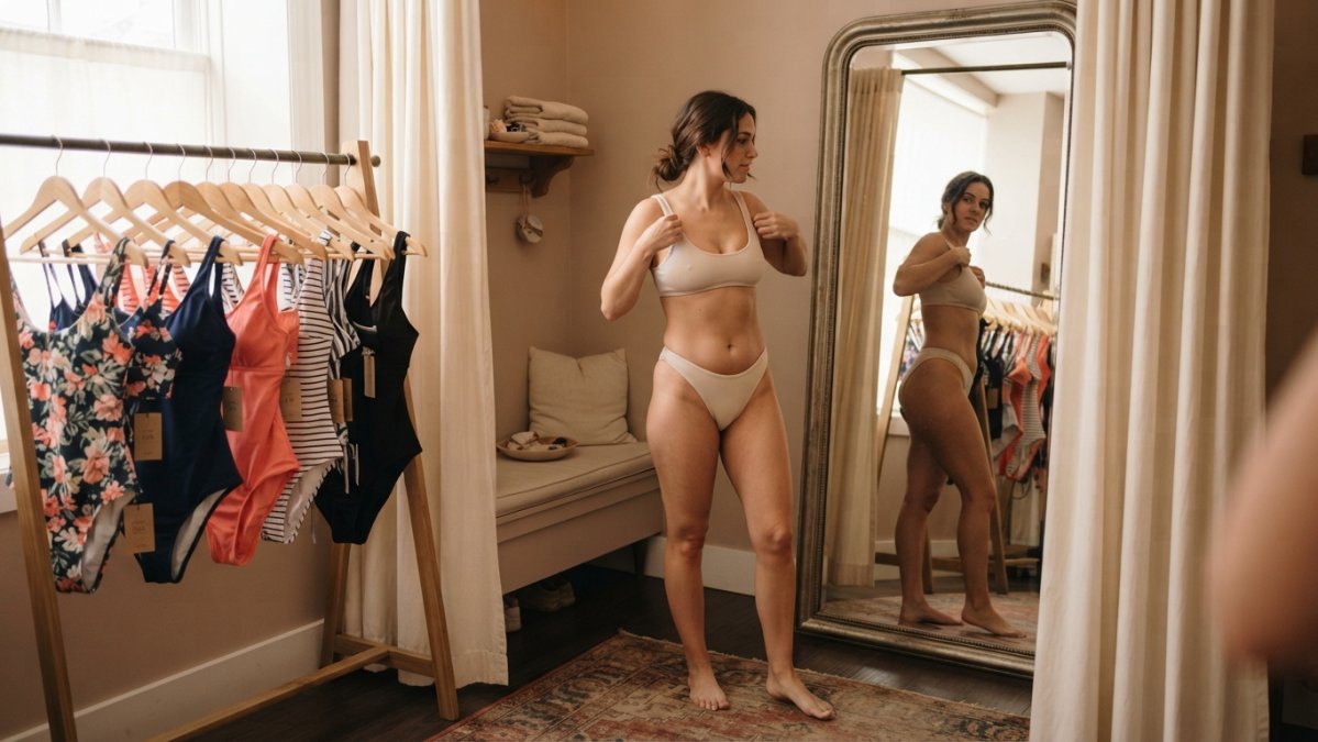 Kobieta w jasnym bikini stoi przed dużym lustrem w przymierzalni sklepu z bielizną, obok wieszaki z kostiumami kąpielowymi w różnych kolorach, ciepłe naturalne światło, spokojna atmosfera