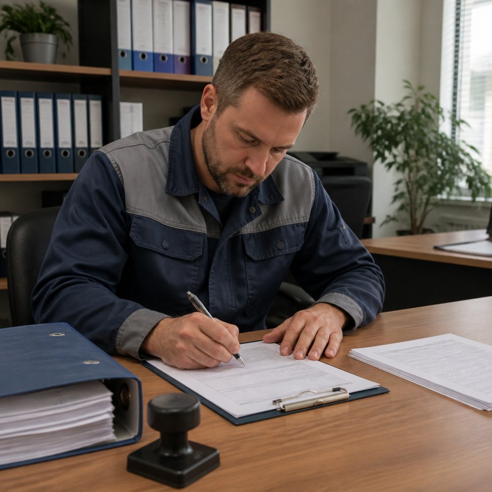 Muž v pracovním oděvu sedí u kancelářského stolu a vyplňuje formulář ohlášení, vedle něj leží složka s dokumenty a razítko, na pozadí kancelář s počítačem