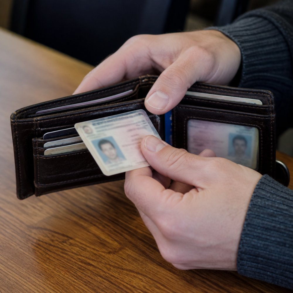 Detailní pohled na ruce držící nalezenou peněženku na stole s viditelnými identifikačními doklady uvnitř