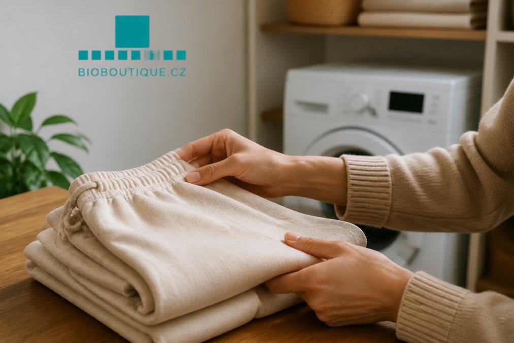 Close-up of hands gently folding soft beige organic cotton pajama pants on a wooden table, modern washing machine visible in the background of a bright laundry room