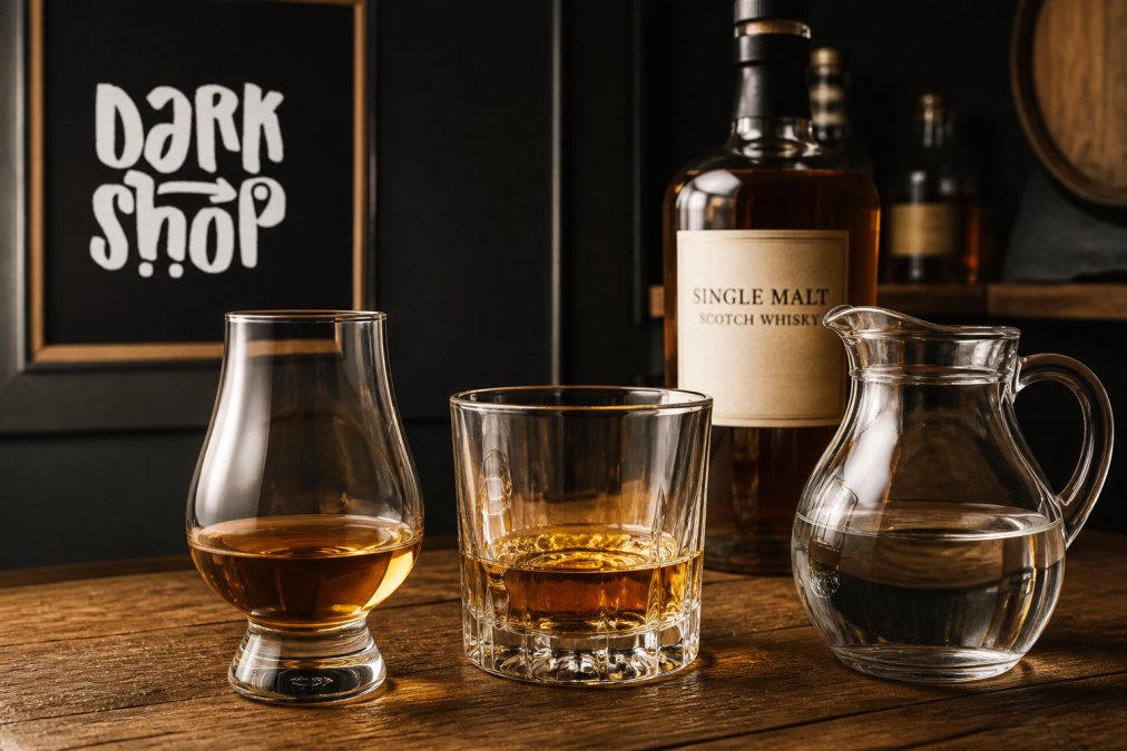 Zbliżenie na elegancki kieliszek typu tulipan i klasyczną szklankę typu tumbler z grubym dnem, stojące na dębowym blacie, obok butelka whisky single malt i dzbanek z wodą źródlaną