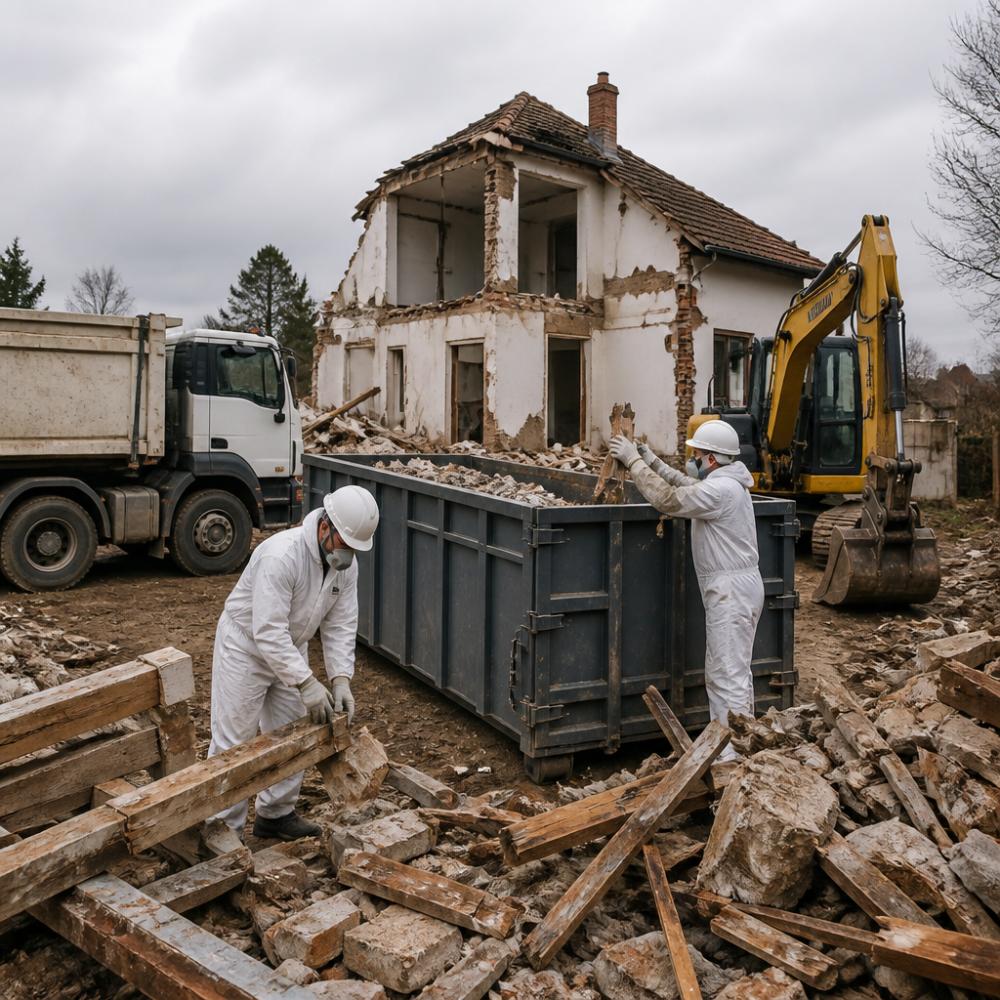 Pracovníci v ochranných oděvech a respirátorech nakládají kusy suti a prken z demolic do velkoobjemového kontejneru na staveništi rodinného domu, vedle stojí minirypadlo a nákladní vůz