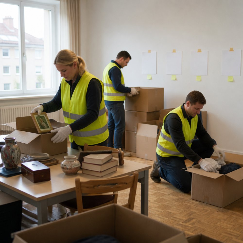 Tým pracovníků v reflexních vestách třídící a balící osobní věci v prázdném bytě, s kartonovými krabicemi a označením kategorií na stěně, přirozené světlo z okna
