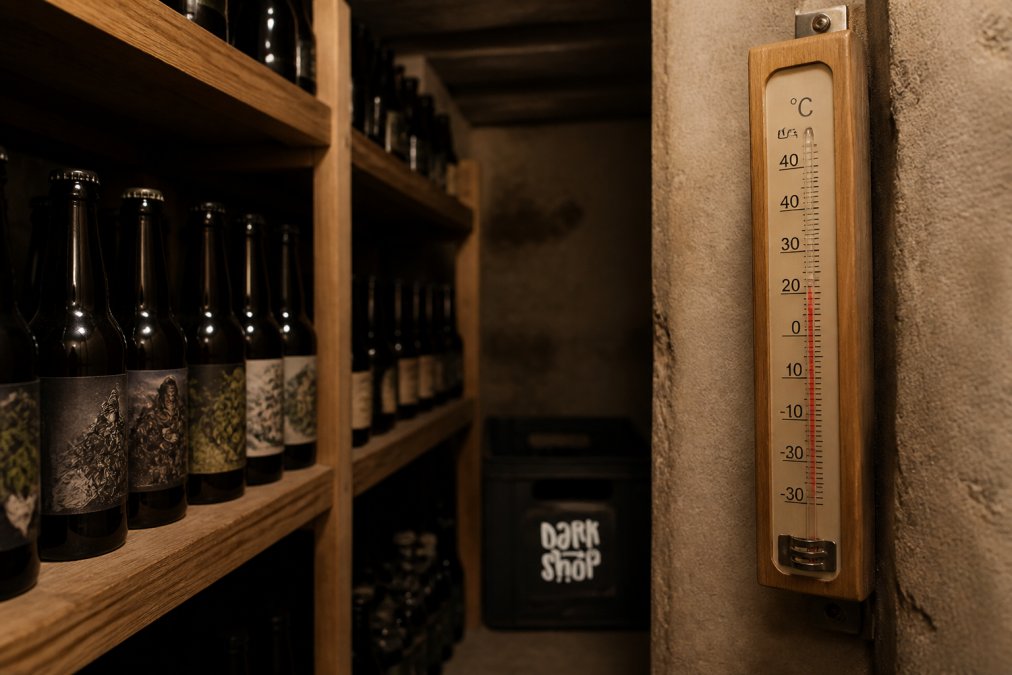 Butelki piwa rzemieślniczego ułożone na drewnianych półkach w chłodnej piwnicy, ze zbliżeniem na termometr pokazujący temperaturę między 10-15°C