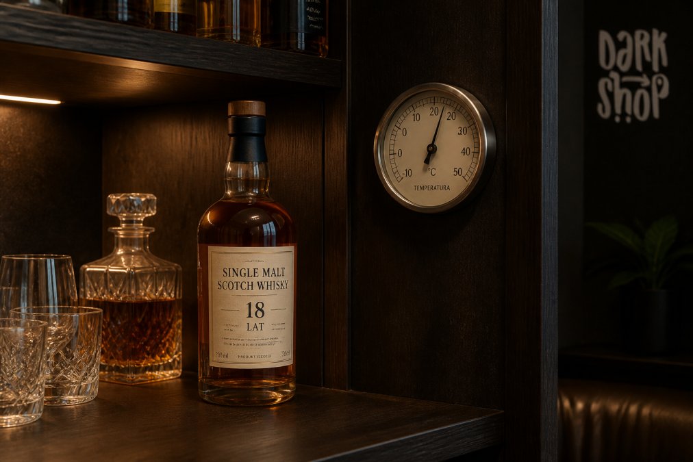 Butelka whisky single malt stojąca na półce w ciemnej, eleganckiej szafce domowego baru, z widocznym termometrem wskazującym temperaturę pokojową około 18 stopni Celsjusza