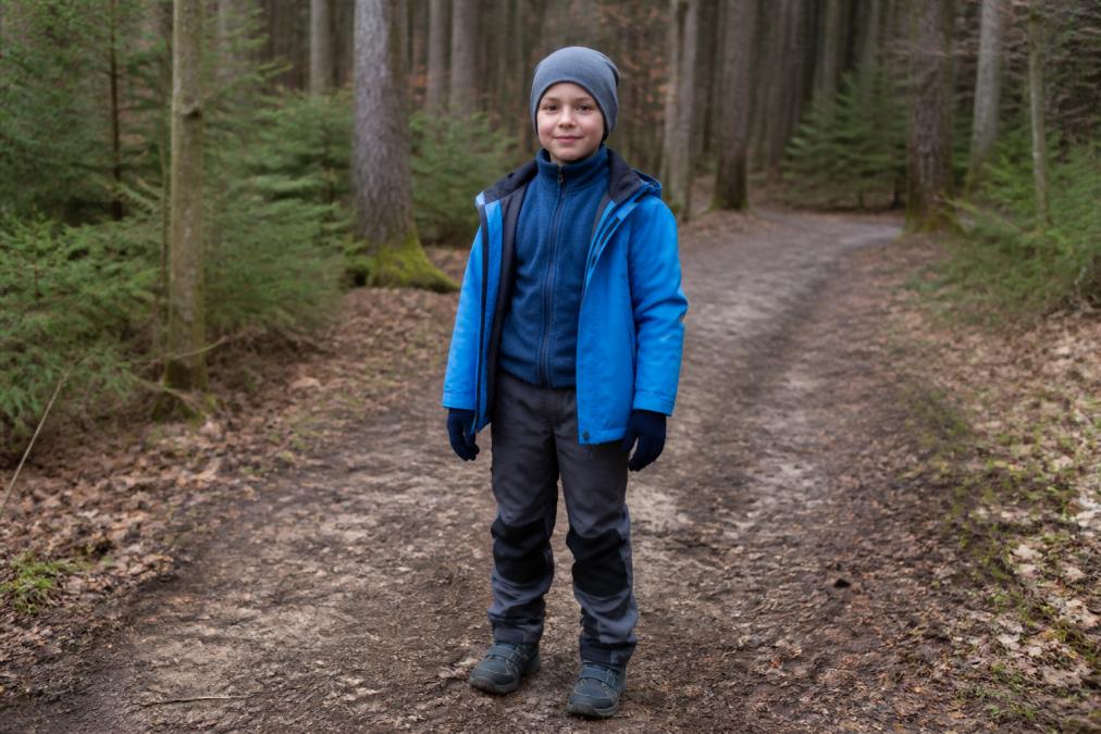 Dziecko ubrane w wielowarstwowe ubrania do wyprawy przyrodniczej w lesie, widoczne wszystkie warstwy: koszulka termoaktywna, polar, wodoodporna kurtka, spodnie trekkingowe, czapka i rękawiczki, stojące na leśnej ścieżce