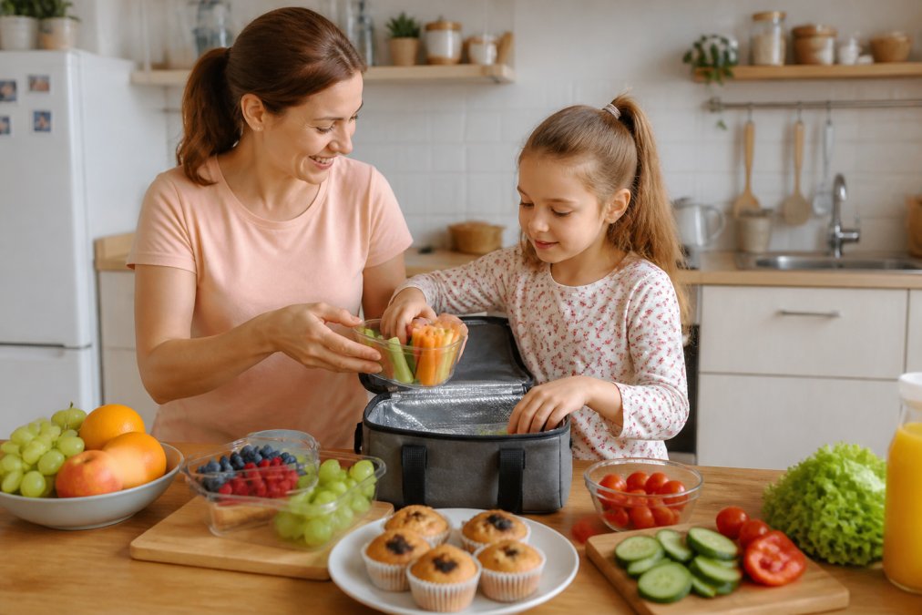 Rodzic i dziecko pakujący razem do torby termoizolacyjnej pokrojone warzywa, owoce i domowe muffinki na drewnianym stole w jasnej kuchni
