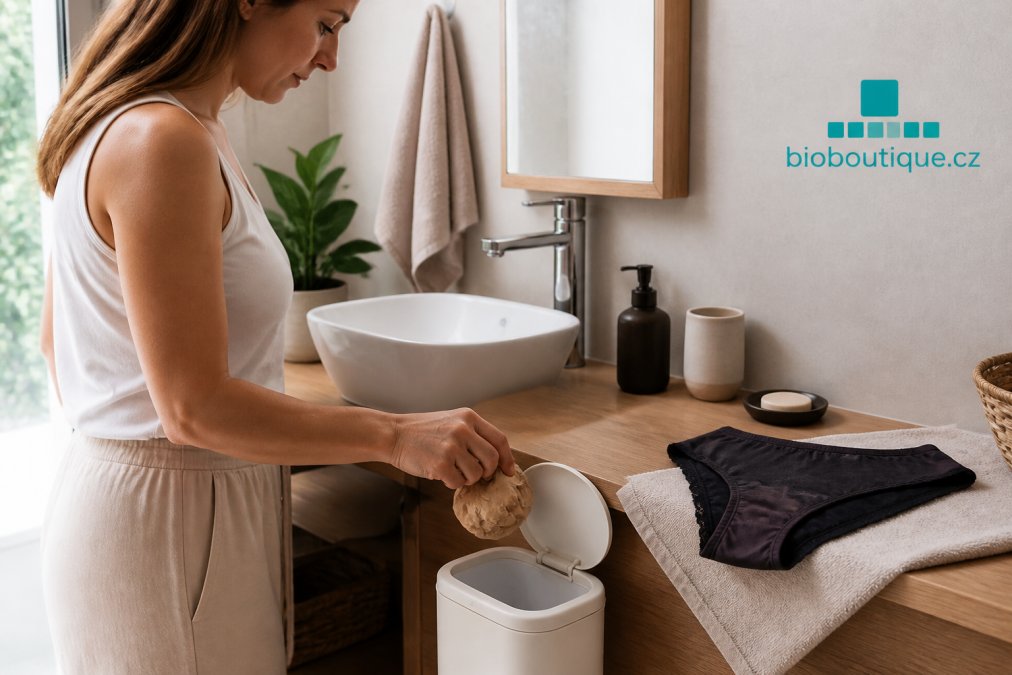 Žena v koupelně balí použité pomůcky do papíru, zatímco vedle leží pratelné menstruační kalhotky z bio bavlny.