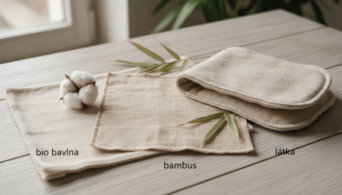 Blízký záběr na přírodní materiály - organickou bavlnu, bambusová vlákna a látkové vložky položené na dřevěném povrchu se slunečním osvětlením