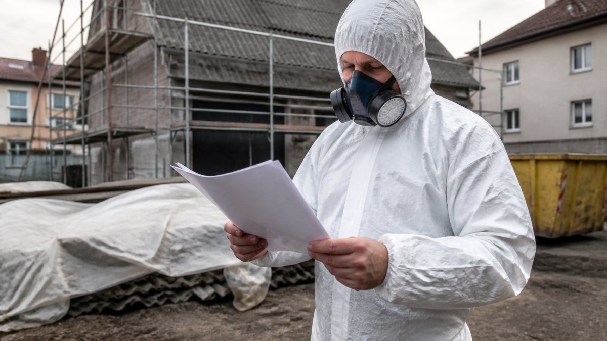 Profesionál v bílém ochranném obleku a respirátoru kontrolující certifikáty na papíru na stavbě s budovami v pozadí